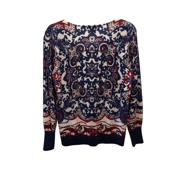 Talbots Large Pure Merino Wool Navy and Red Patterned Crew Neck Sweater - Picture 2 of 4